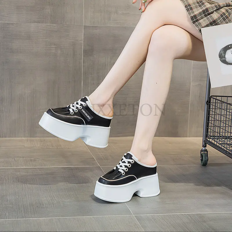 11cm Platform Wedge Casual Punk Genuine Leather Breathable Summer Comfy Chunky Slippers High Brand Fashion Women Shoes