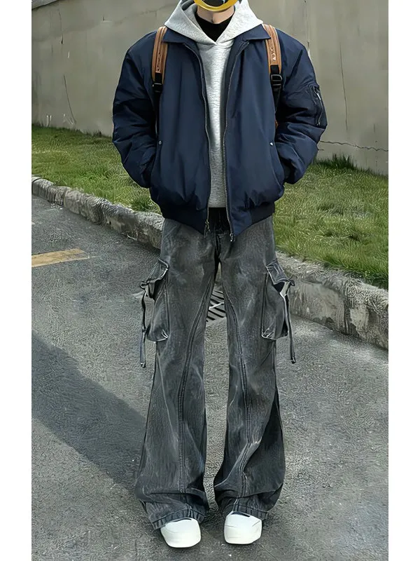 

Waed Workwear Jeans Men's Autumn Winter American High Street Vibe Bla ey Micro Flared Pants Cleanfit Rise Trousers