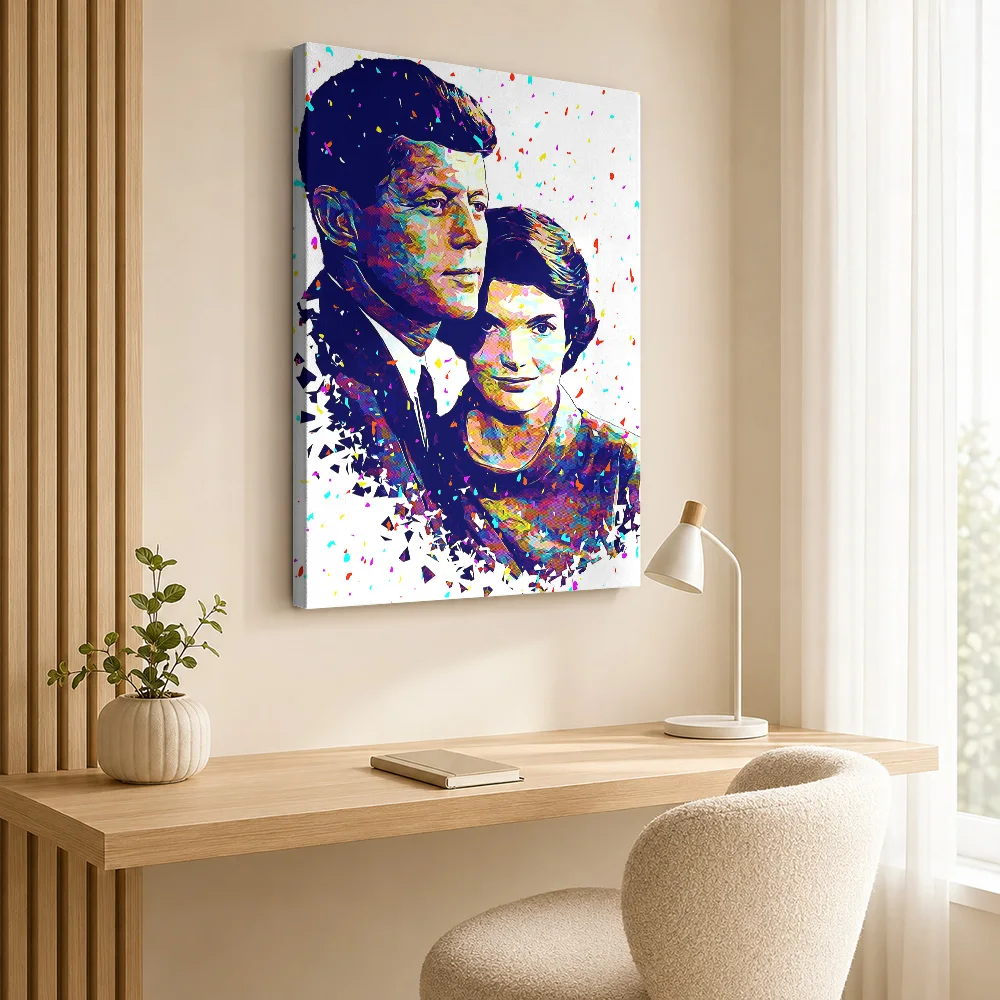 John F Kennedy Portrait Framed Canvas Poster Customized Photo Black And White Cutouts Wall Art For Workspace Housewarming Gift