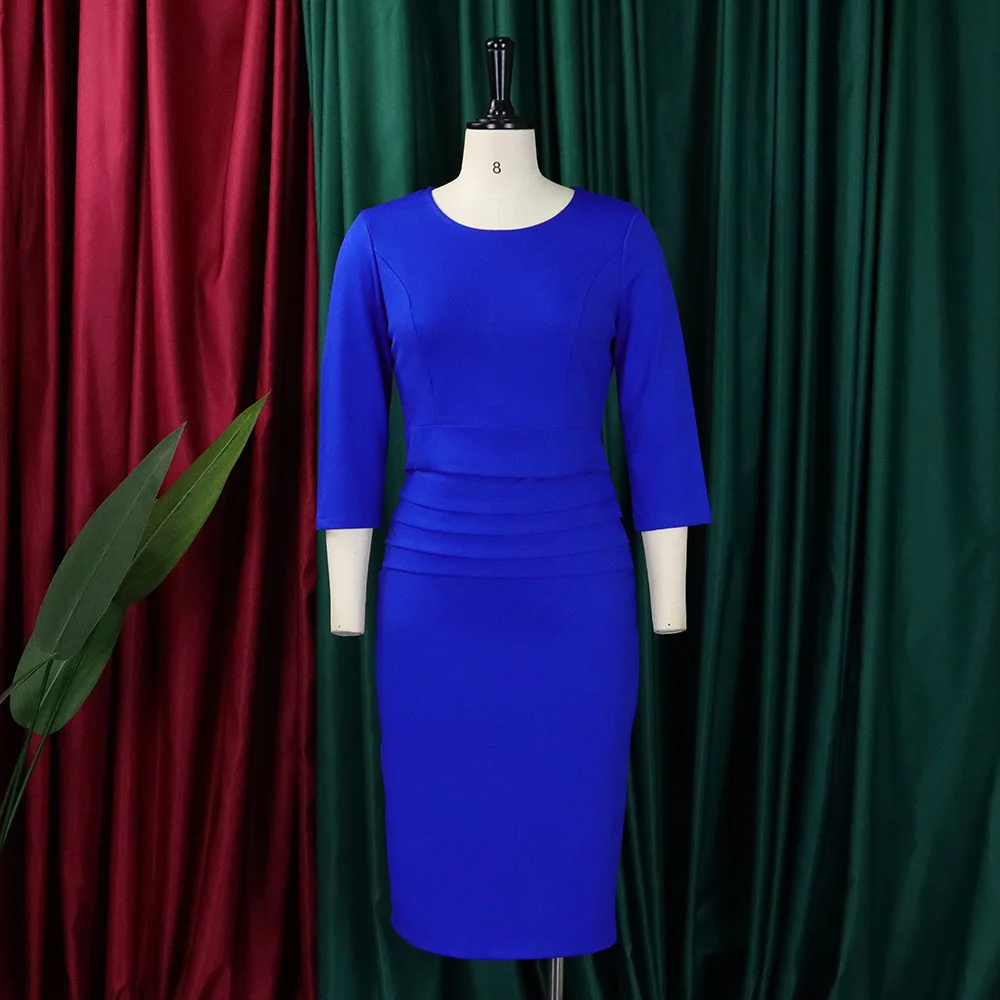 Women Summer Elegant Solid Pleated Midi Dress O Neck Half Sleeve Bodycon Party Work Dress