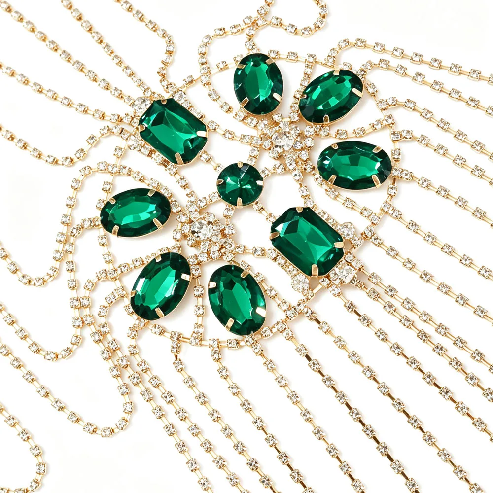 New Fashionable Luxury Wedding Vintage Green Rhinestone Shoulder Chain Dress Accessories Performance Multi layer Tassel Style Bo