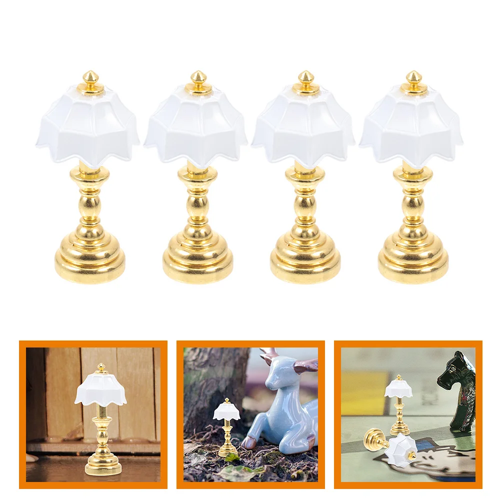 

4 Pcs Dollhouse Table Lamp Miniature Model Iron Adornment Decor Office Delicate Light Ornament