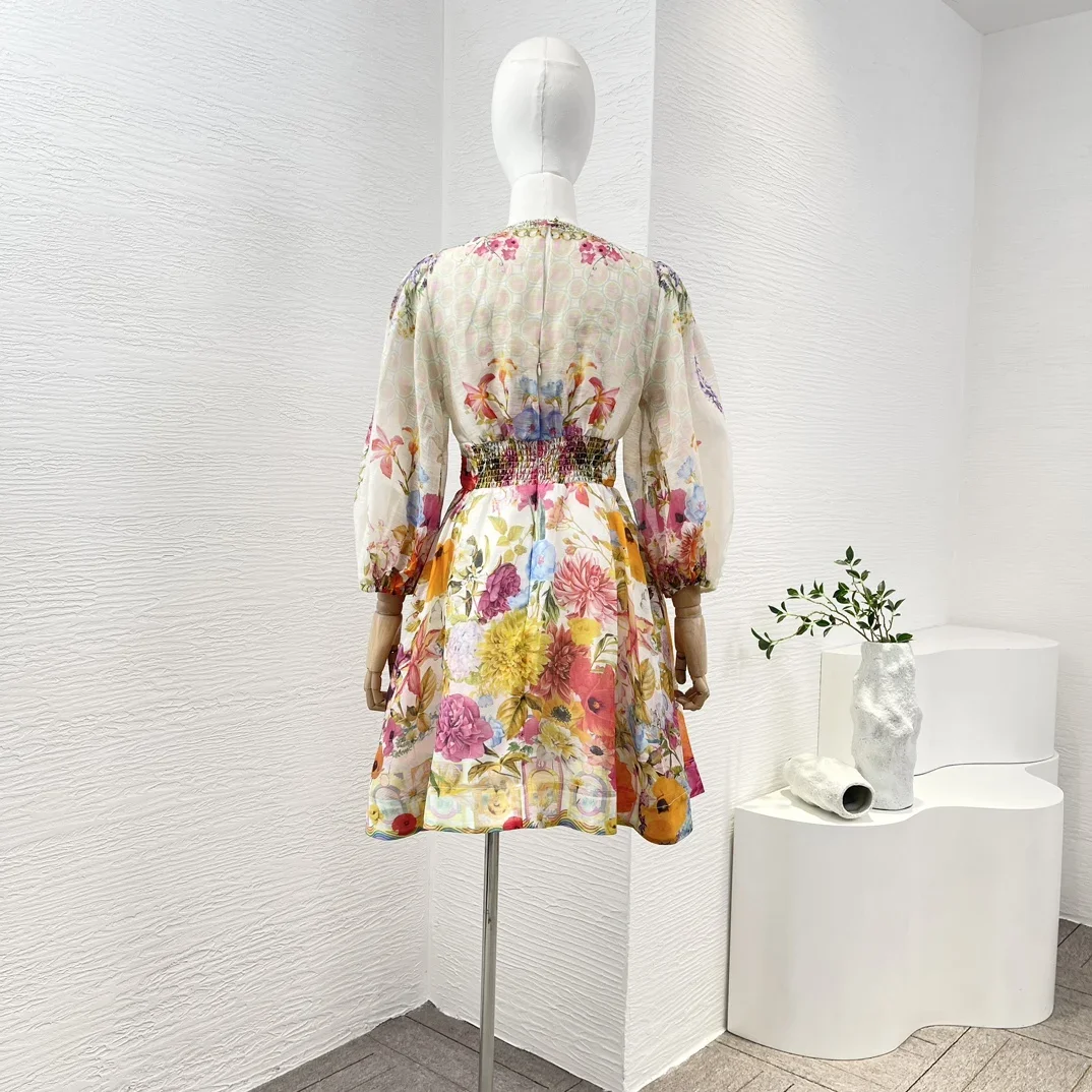 Mulheres de manga comprida decote em V com estampa floral mini vestido, elástico de linho, multicolor, diamantes pressionados, shirred, alta qualidade, novo