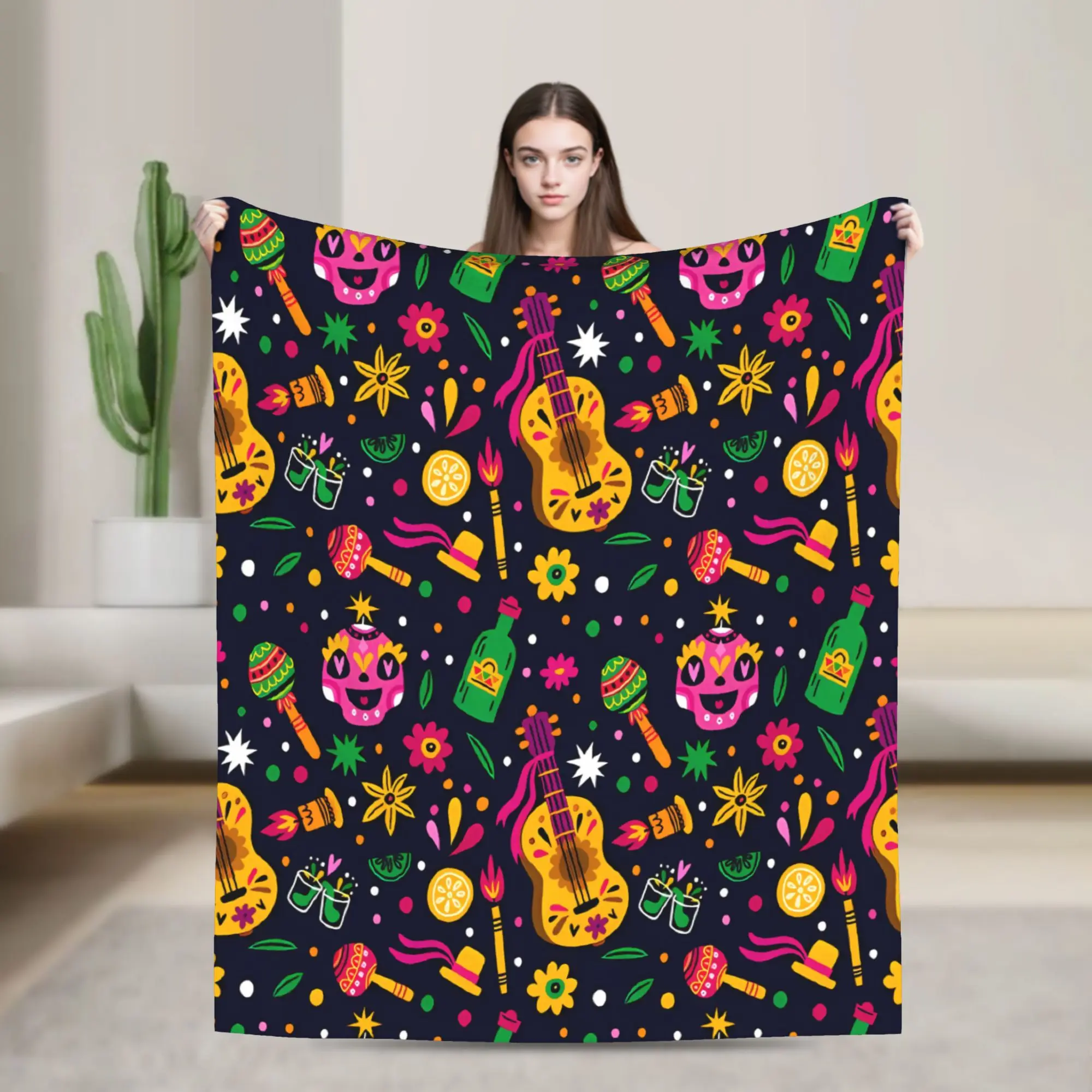 Warm BlanketChild Camping Colorful Skull Guitar Floral Bedding Throws  Flannel Bedspread For Outdoor Novelty Sofa Bed Cover