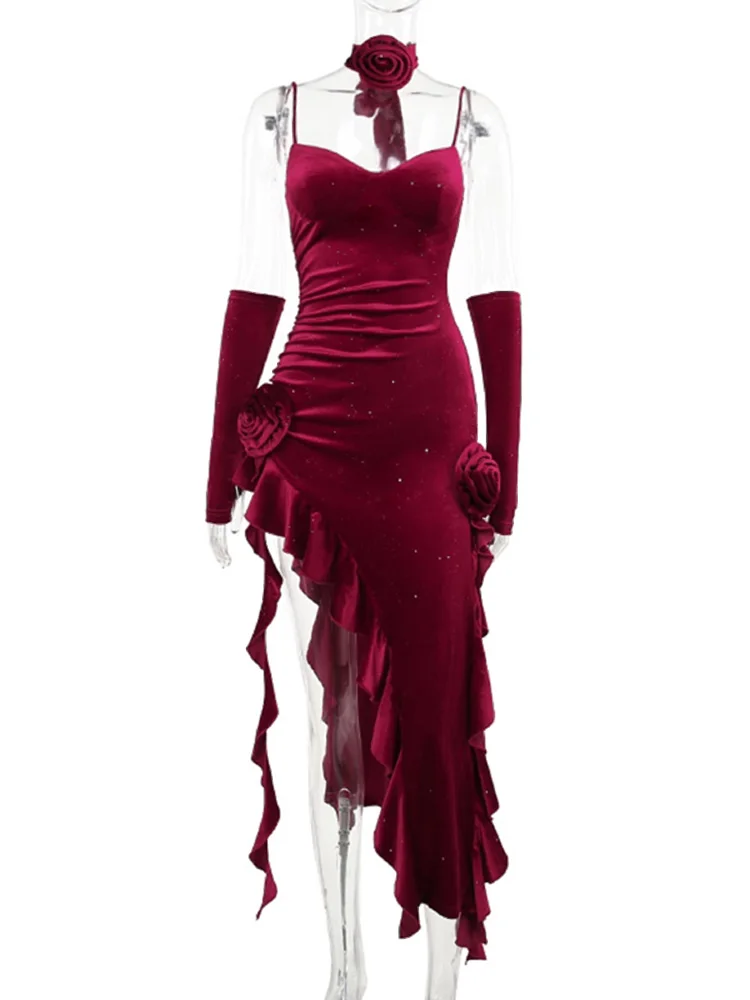 مثير الأحمر المخملية الدكتور المرأة سبليت تنورة طويلة زي الهالوين حزام الدكتور عالية الخصر ألف خط صورة ظلية Svel Bodycon