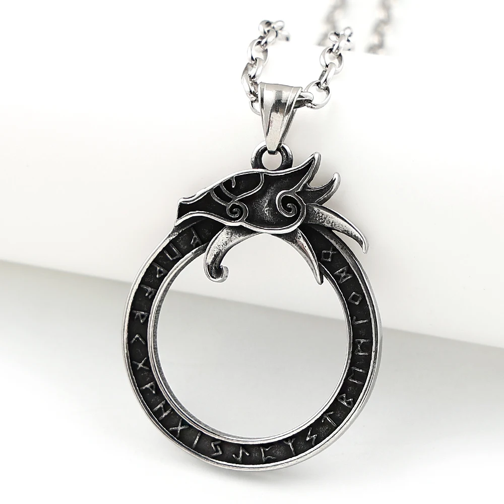 Viking Jormungandr World Serpent Rune Necklace Norse Elder Futhark Ouroboros Amulet Stainless Steel Vintage Punk Men Jewelry
