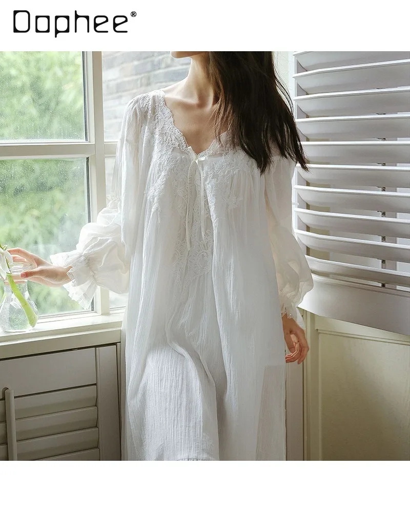 French Vintage V-neck Patchwork Lace Embroidered Nightgown with Loose Lantern Sleeves Comfortable Casual Women Homewear Daily