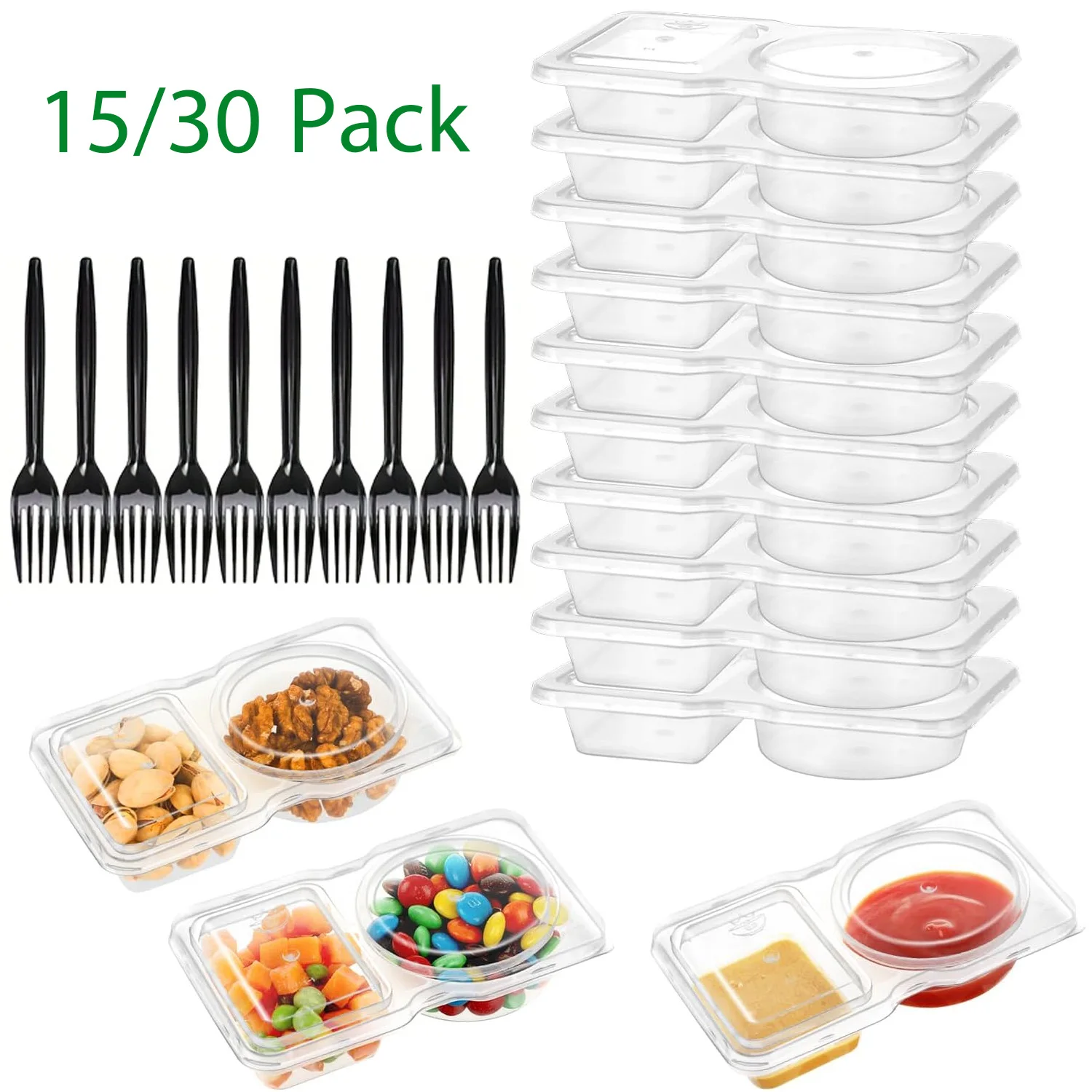 Reusable Snack Containers with Lids & Forks 15/30 Pack, Portion control containers, Snack Pack Containers, 2 Double Compartment