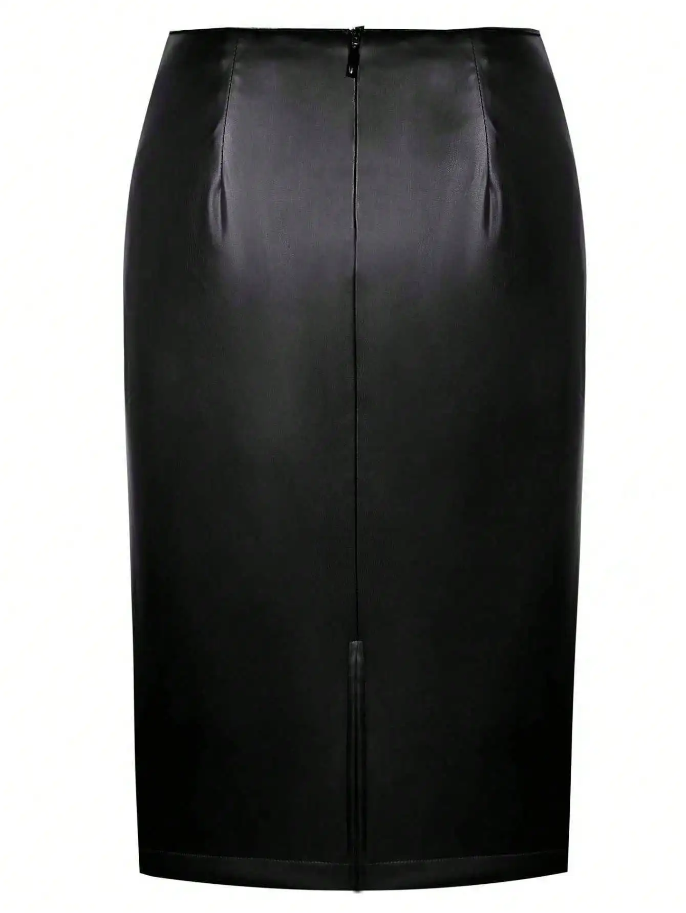 Women Elegant Pu Leather Black High Waist Work Office Bodycon Sheath Knee Length Pencil Skirt
