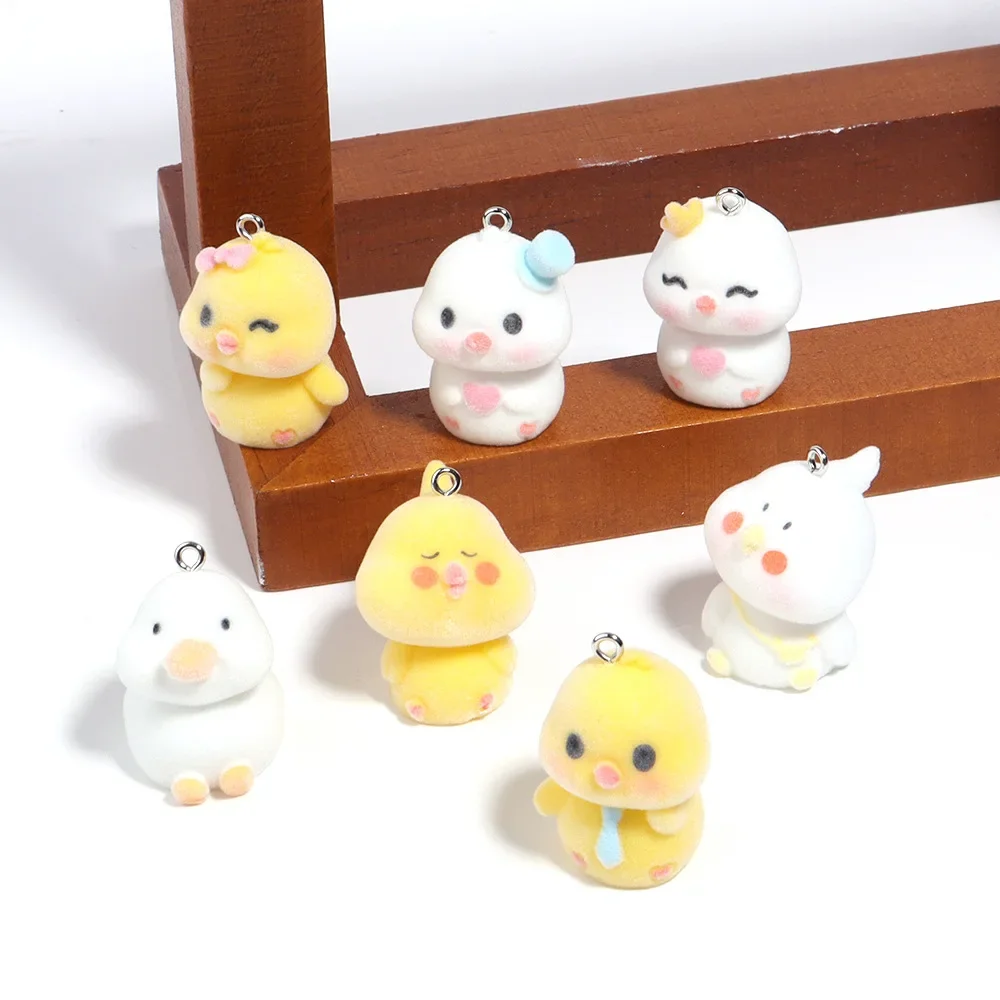 20Pcs 3D Cute Flocked Duck Charms Cartoon Animal Plush Doll Resin Pendant For Phone Keychains Necklace Earrings Diy Jewelry Make