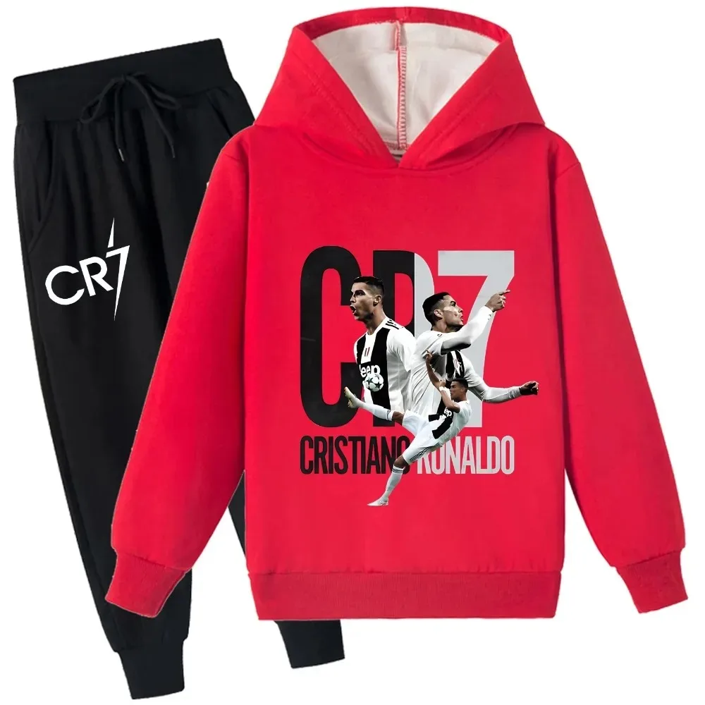

Детская толстовка унисекс на флисовой подкладке с капюшоном и брюками для бега, комплект из двух предметов, мягкие толстовки с начесом Cris-tiano Ro-naldos для детей от 2 до 14 лет