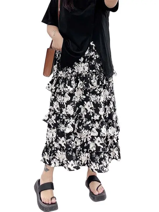 Summer Girlish Chiffon Medium Length Skirts Design Sense Layered Ruffle Edge Korean Style Vintage Printed Temperament Vestidos