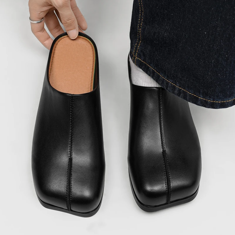 Men Split Toe Mule Slippers Black Square Toe Backless Slippers Retro Low Heeled Men Simple Business Casual Daily Men Shoes