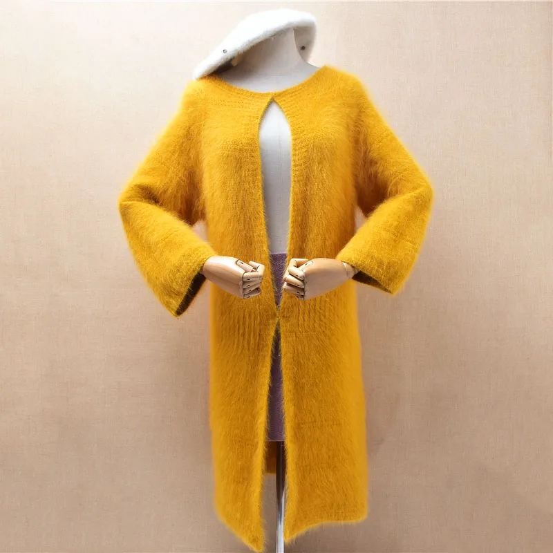 Ladies Women Autumn Winter Fashion Hairy Mink Cashmere Knitted Long Sleeves Long Sweater Angora Cardigans Mantle Coat Pull Tops