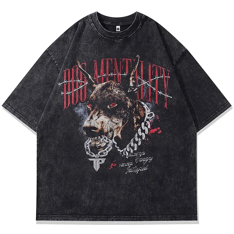Camisetas lavadas de verano para hombre, camiseta gráfica de Hip Hop Beast Dog Doberman, ropa de calle 20224, camisetas informales Vintage de algodón Harajuku