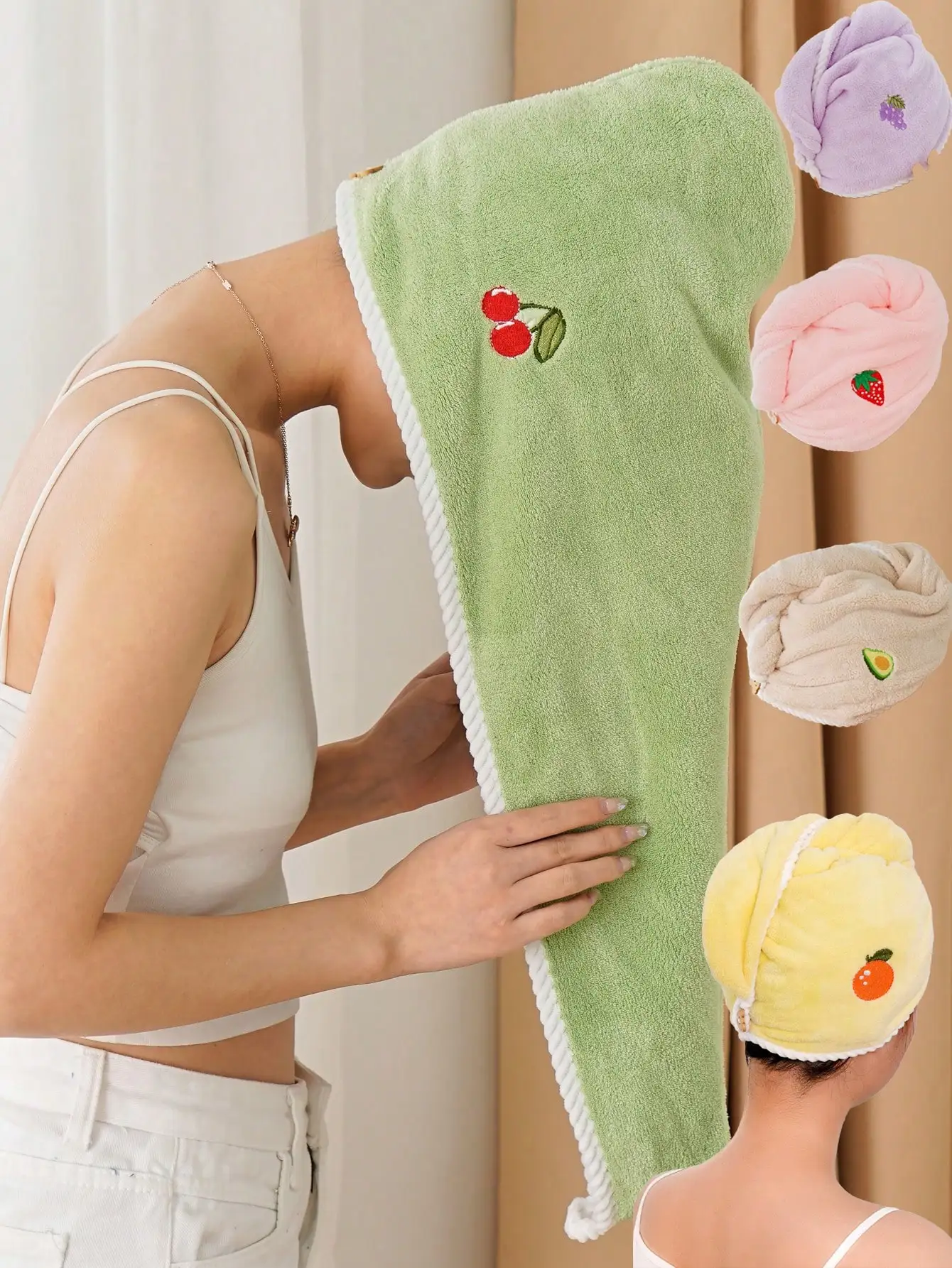 

4pcs Soft Coral Fleece Hair Towel Wrap with Embroidered Fruit Motif, Absorbent & Quick-Dry for Women