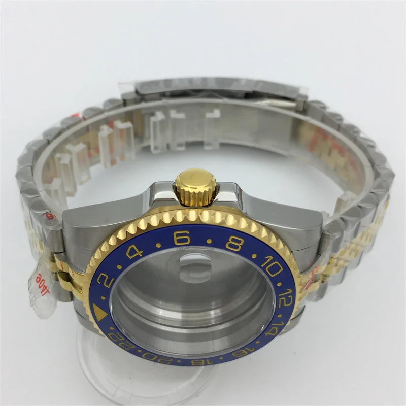เคสไพลินสีทองเงิน40มม. ฝาเซรามิคสีฟ้าเหมาะสำหรับ NH34 NH35 ETA2824 NH36 PT5000 DG2813การเคลื่อนไหวของ Miyota