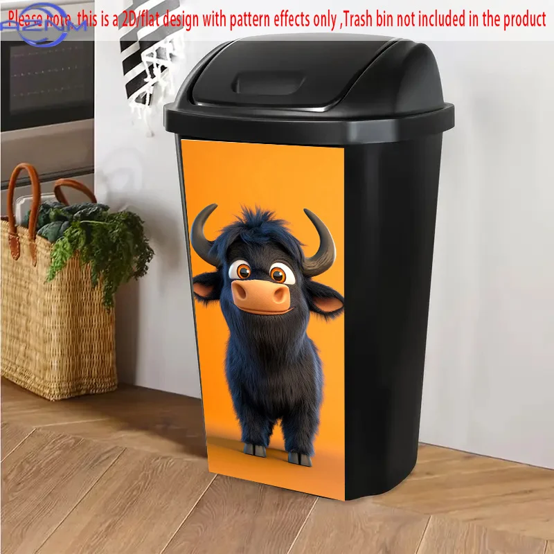 1pc 2D/FLAT, Self-Adhesive Dustbin Stickers, .01*cm, Fluffy Black Yak on an Orange Background—Ideal for Kid-Friendly Or Rustic