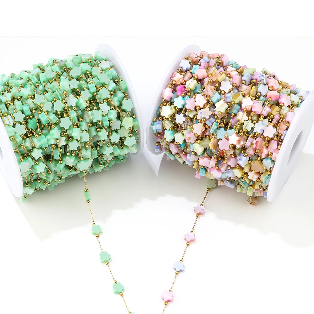 Cadenas de concha bohemia de 1 metro, cadenas de estrellas y flores de acero inoxidable a granel para pendientes DIY, suministros de joyería, fabricación de collares y pulseras