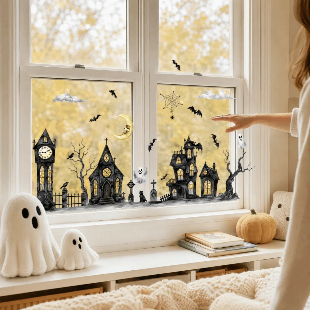 Cartoon Halloween Window Stickers Watercolor Ghost Town Halloween Static Cling Reusable Double-Sided Adhesive