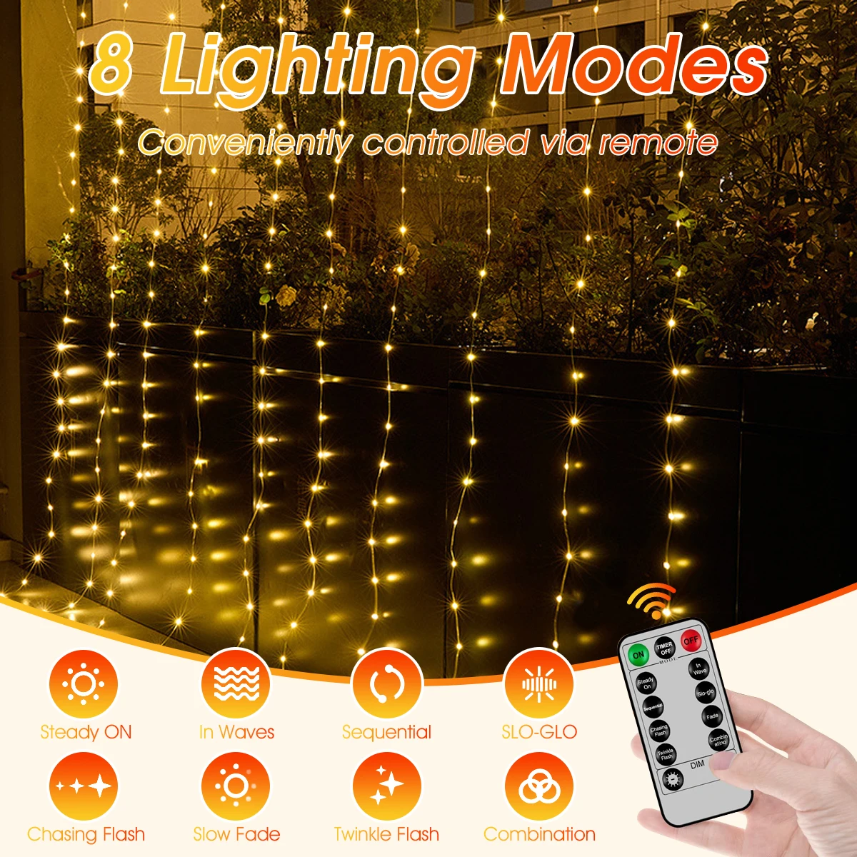3X3M أضواء الستار الجنية الجديدة 300 المصابيح مع جهاز التحكم عن بعد 8 أوضاع الإضاءة عكس الضوء الموقت مقاوم للماء مثالية لغرفة النوم الداخلية في الهواء الطلق