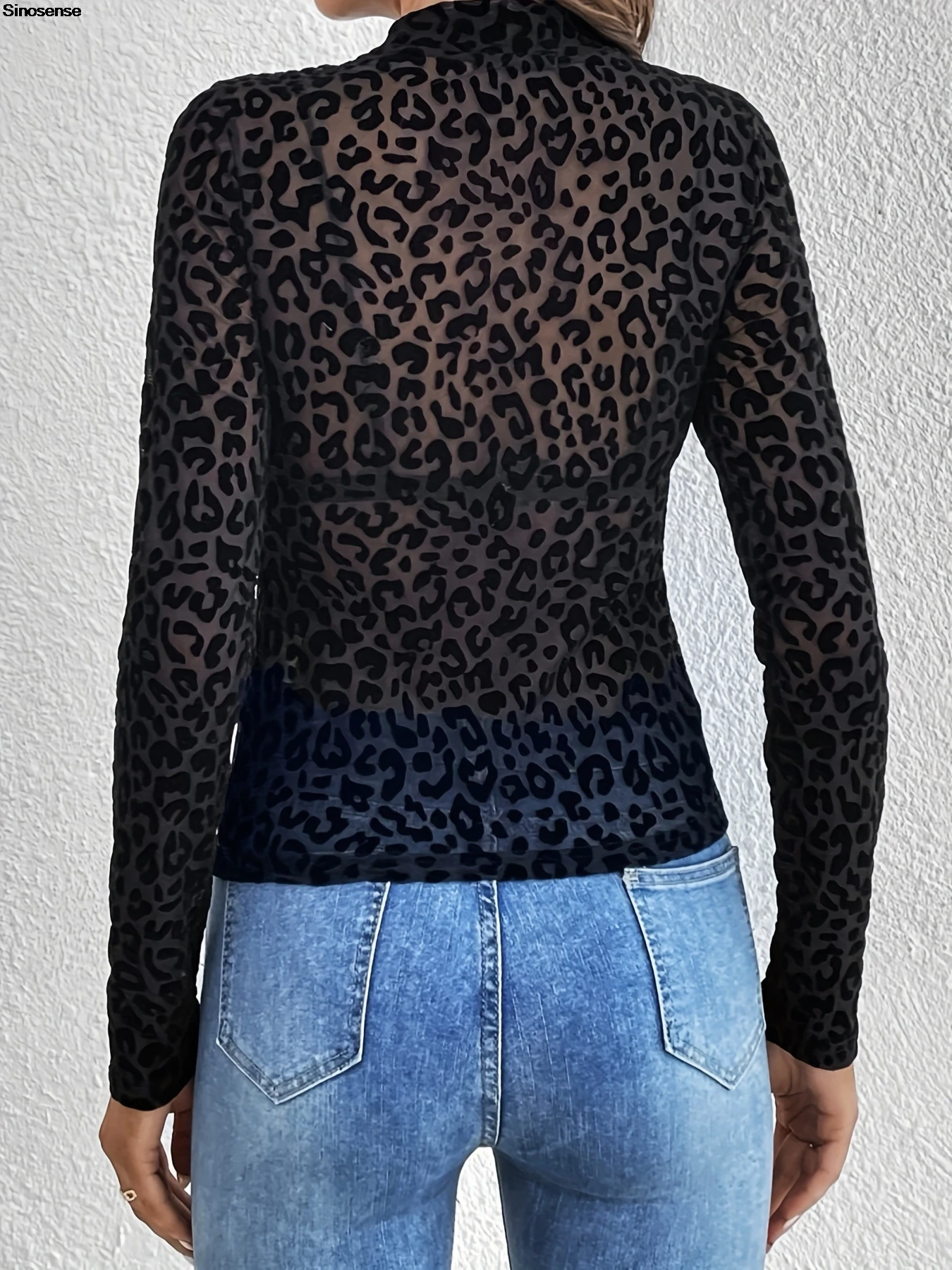 Women Mesh Long Sleeve Top Leopard Print See Through Mock Neck Sheer Blouce Fishnet Shirt Y2K Street Date Night Club Party Tops