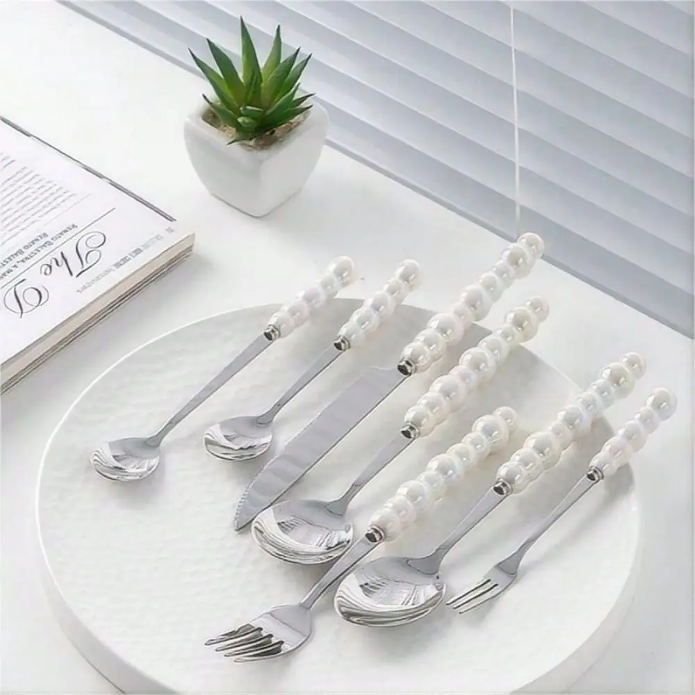 A ceramic pearl dazzle handle tableware, royal style stainless steel knife, fork and spoon, exquisite princess set, gift