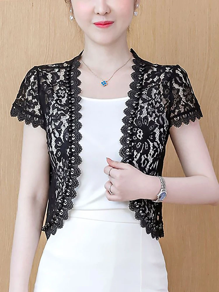 #5339 Summer Lace Jacket Women Hollow Out Sexy Pearls Vintage Thin Perspective Sunscreen Kimono Jacket Cardigan Short Sleeve 