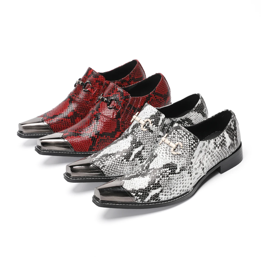 

Fashion Snake Print Men Genuine Leather Shoes Plus Size Metal Pointed Toe Business Formal Shoes Male Prom Party Dress Shoes