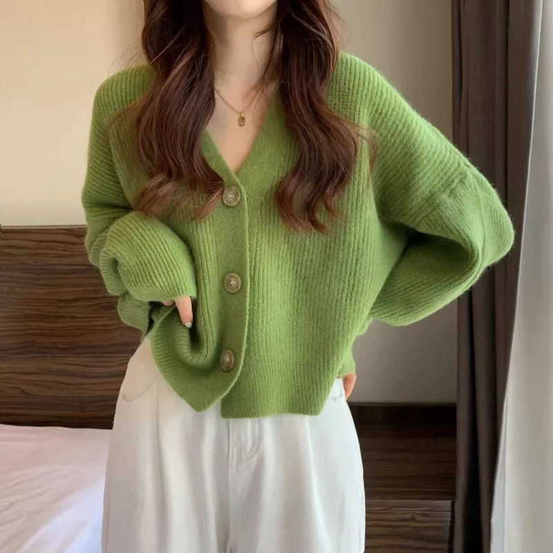 Loose Casual Ladies Solid V‑Neck Knit Cardigan Elastic Long Sleeve Button Cropped Sweater Autumn Women Fashion Outerwear Coat