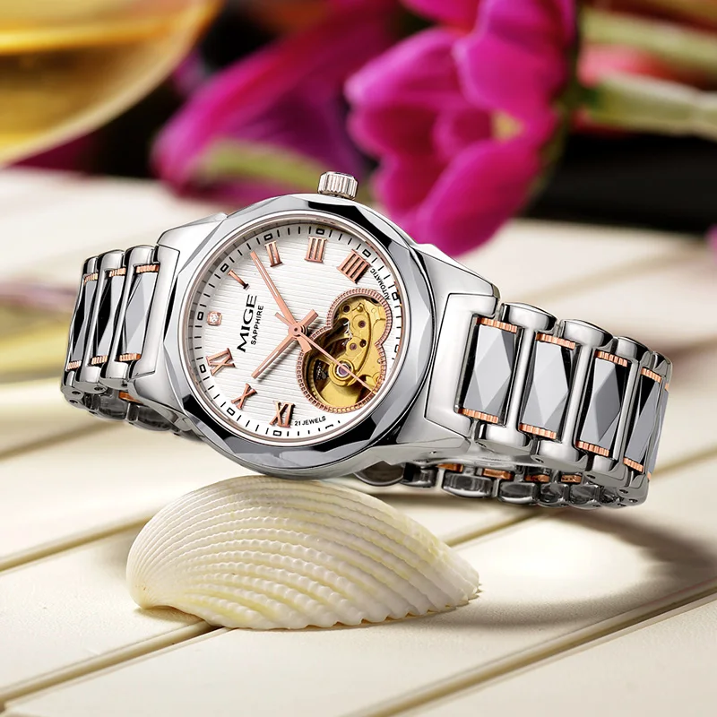 

MIGE Mens Hollow Auto Watch Silver Gold Tungsten Strap Black Roman Dial Sapphire Glass Luminous Waterproof Wrist Watch Business