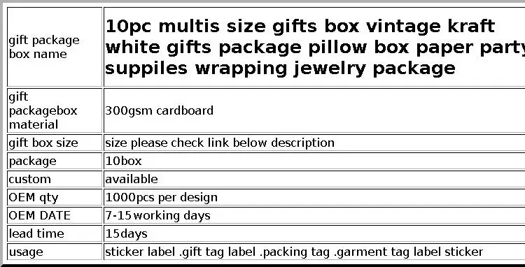 10pc Multis Size Gifts Box Vintage Kraft White Gifts Package Pillow Box Paper Party Suppiles Wrapping Jewelry Package