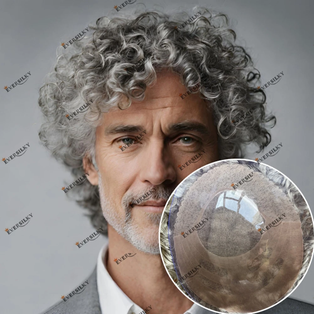 18mm Curly Men's Blonde Gray Human Hair 20# 520# Durable BOND Breathable Male Hair Prosthesis Hairpieces Natural Hairline Wigs