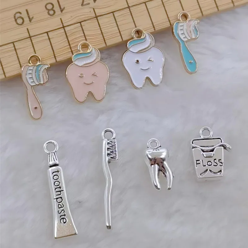 10pcs Cartoon Cute Tooth Toothpaste Charms Enamel Pendant Charms Jewelry Making Crafing Keychain Necklace DIY Jewelry Gifts