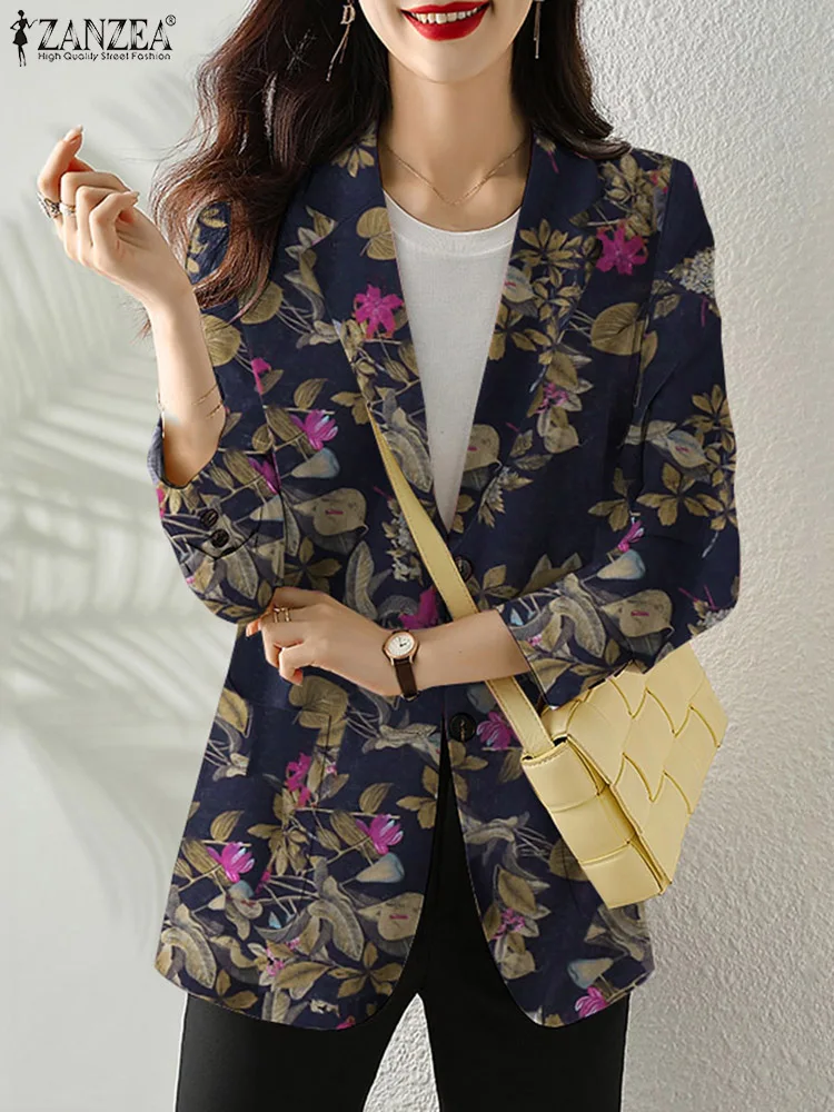 Women Autumn OL Blazer 2023 ZANZEA Elegant Floral Printed Jackets Lapel Neck Long Sleeve Thin Outwear Summer Suits Officewear