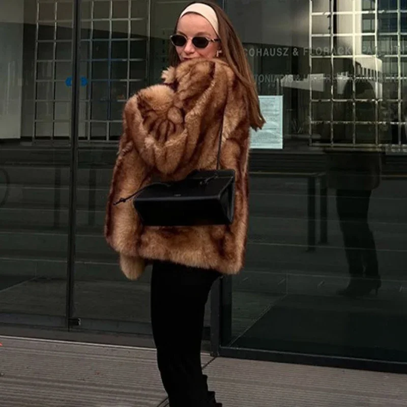 Luxe gradiënt nepbontjas dames chique meisjes revers wintermode oversized vintage vrouwelijke warme harige overjas