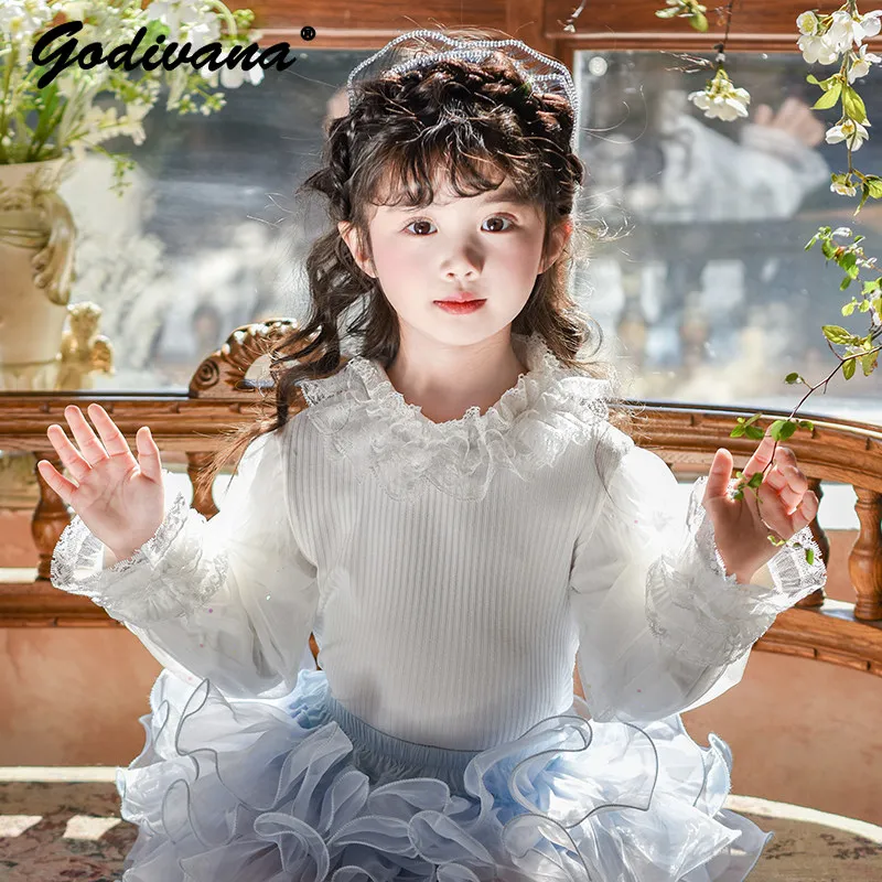 Sweet Baby Girls 2026 Spring New White Base Layer Top Kids Mesh Patchwork Puff Long Sleeve Lace Trim Versatile Korean T-shirt