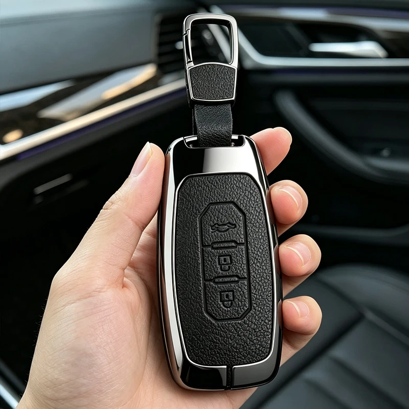 Zinc Alloy Leather Car Smart Remote Key Case Cover Shell For Ford Territory EV Keychain Protector Shell  Accessories