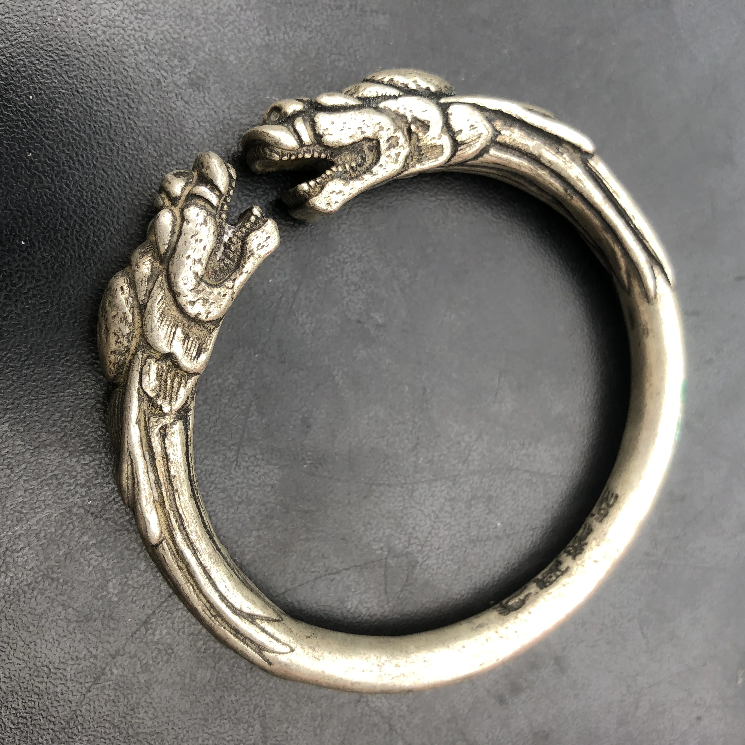 Vintage Double Dragon Head Open Cuff Bracelet, Antique Silver Plated Hand Carved Old Chinese Miao Ethnic Bangle Jewelry Gift