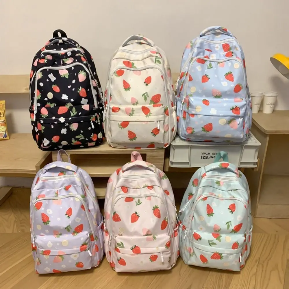 Large Capacity Strawberry Printed Backpack Multi Pocket Adjustable Strap Students Knapsack Korean Style Harajuku School Bag