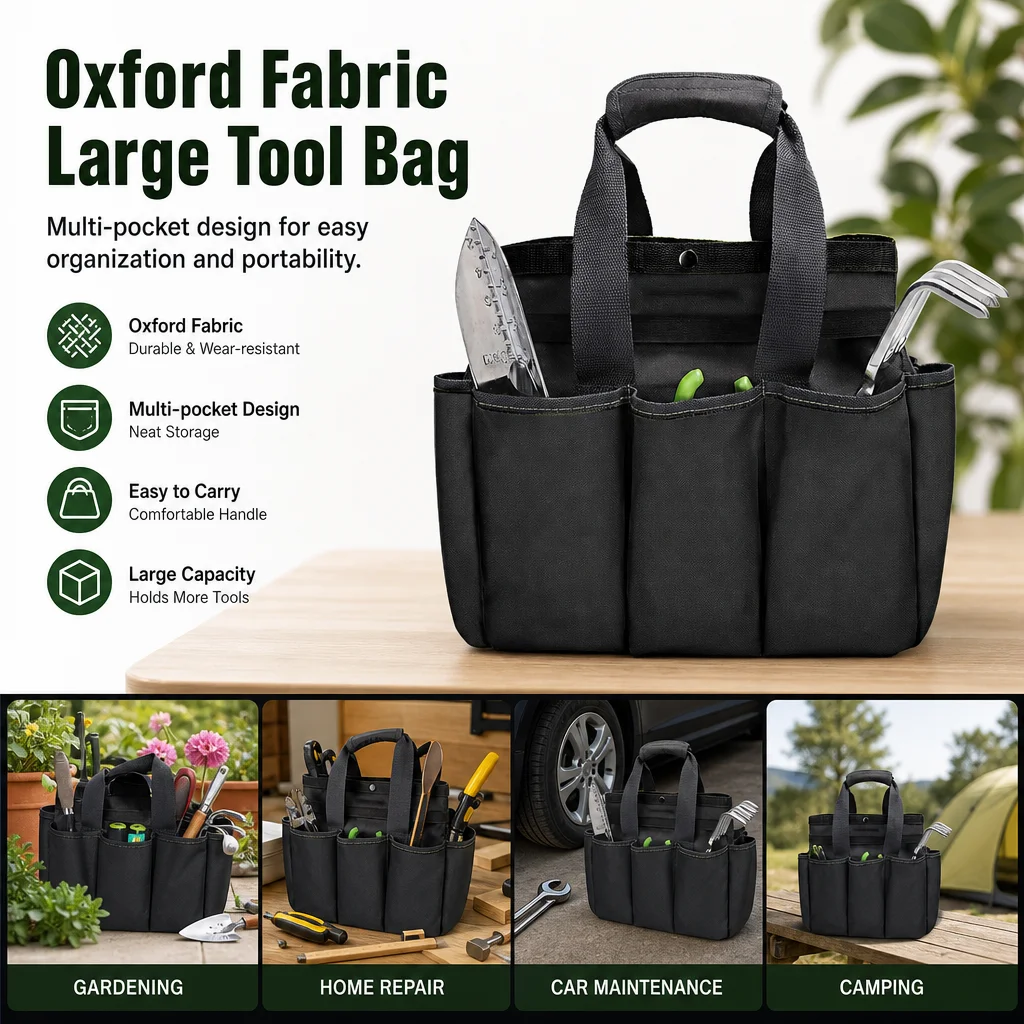 Large Capacity 600D Oxford Cloth Tool Bag Heavy Duty Multi-Pocket Organizer Tote Waterproof Tear-Resistant Tool Storage Wide