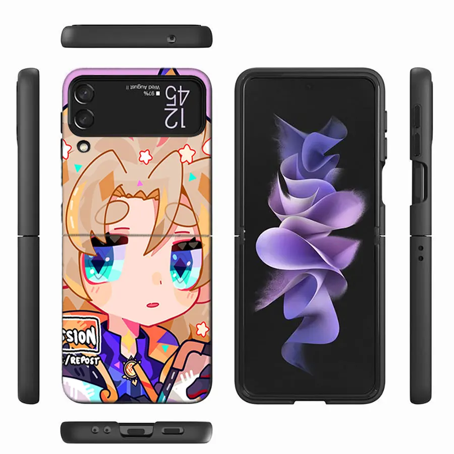 Genshin lmpact Cute Phone Case For Samsung Galaxy Z Flip 6 5 4 3 5G Black Coque Hard PC Luxury Cover Z Flip 5 Capa Fash