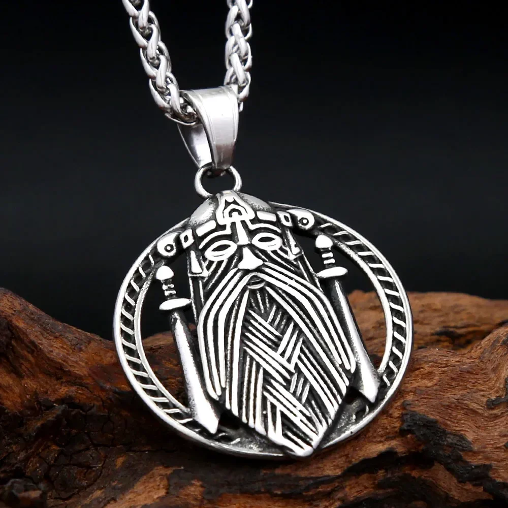 Collar con Colgante de Espada Doble de Guerrero Vikingo con Barba, Estilo Vintage, de Acero Inoxidable, Joyería de Moda para Hombre y Mujer, Regalo de Halloween