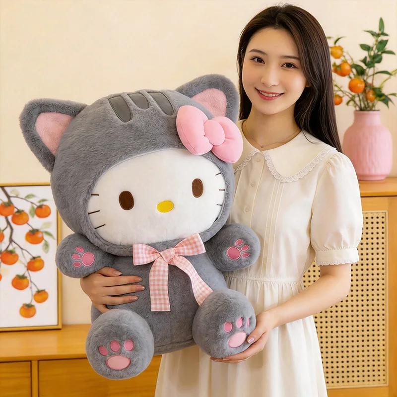 20/30/45/60CM Cute Grey Cat Hello Kitty Plush Doll Checkered Bow Kt Stuffed Toy Soft Pillow Home Room Decoration Birthday Gift