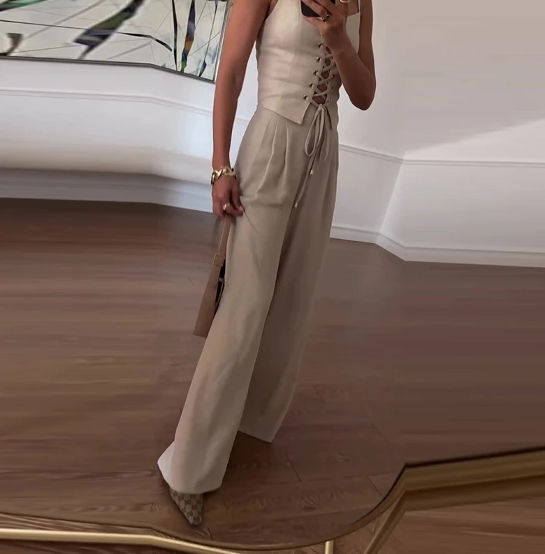 new fashion 2024 summer elegant womens two piece sets outfit Purely sexy hollow strap top casual wide leg pants set