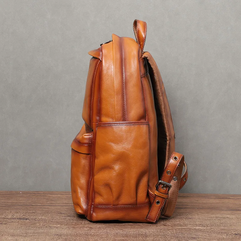 YETTIES Men's Vintage Vegetable Tanned Leather Backpack Large Capacity 15.6-inch Laptop Travel Rucksack Genuine Cowhide Daypack