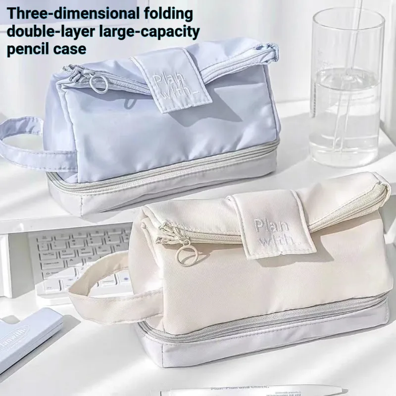 Three-dimensional Folding Double-layer Pencil Bag Large Capacity Creative Simple Student Pencil Stationery Storage Bag Wholesale