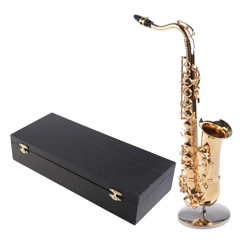 448D Copper Miniature Saxophone with Base Mini Musical Instrument Miniature Replica Dollhouse Model Mini Saxophone