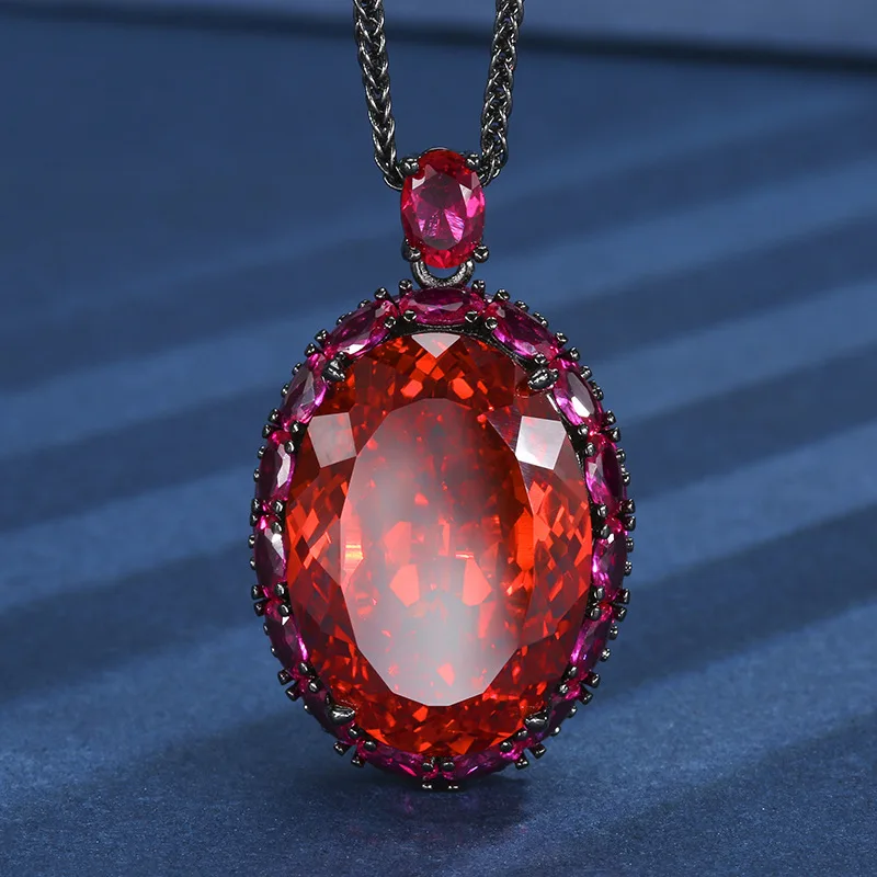 Oval Simulated Gem Pendant Necklace Dark Tone Metal Surrounded Small Matching CZ Stones Large Stone Vintage Women Jewelry