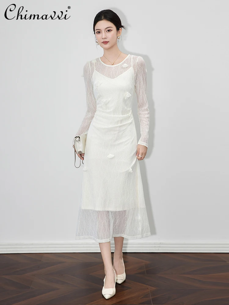 

French Elegant Socialite Two-Piece Dresses Set Lace Round Neck Long Sleeve High Waist A-line Long Sling Dress for Women Autumn